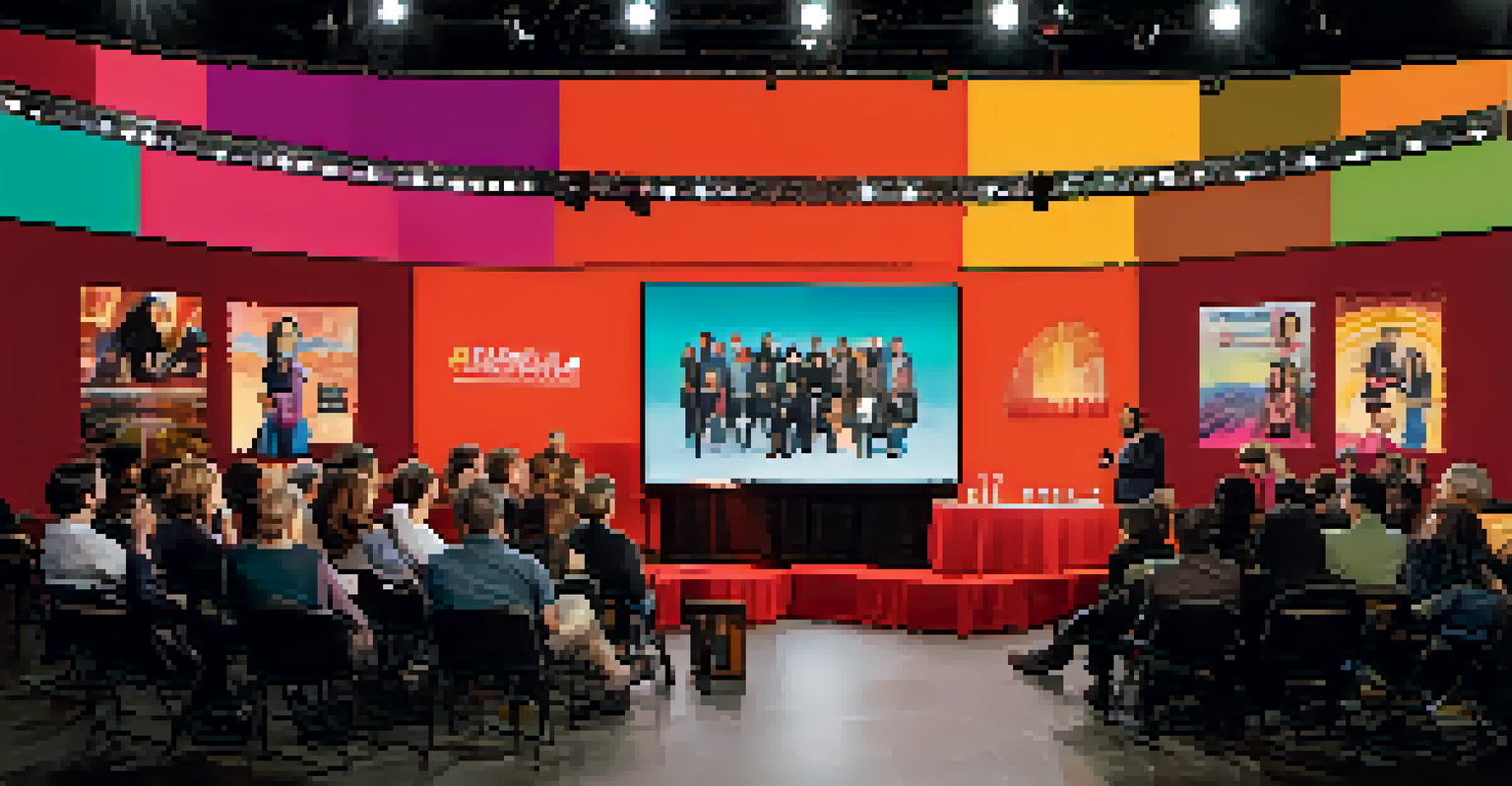 A panel discussion at a film festival with diverse filmmakers on stage, an engaged audience, and warm focused lighting.