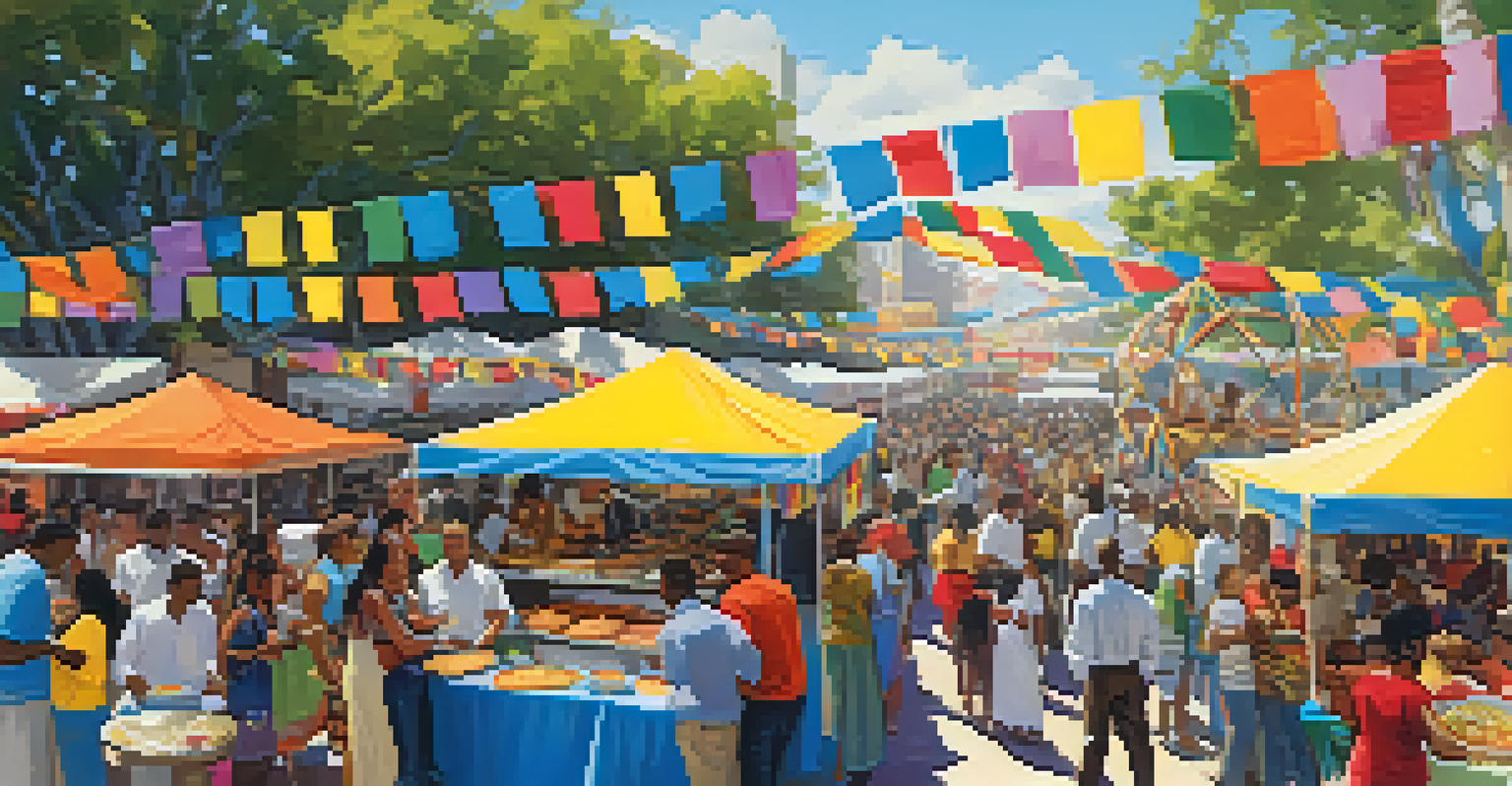 A vibrant cultural festival in Los Angeles with food booths featuring diverse dishes and attendees enjoying the festive atmosphere under blue skies.