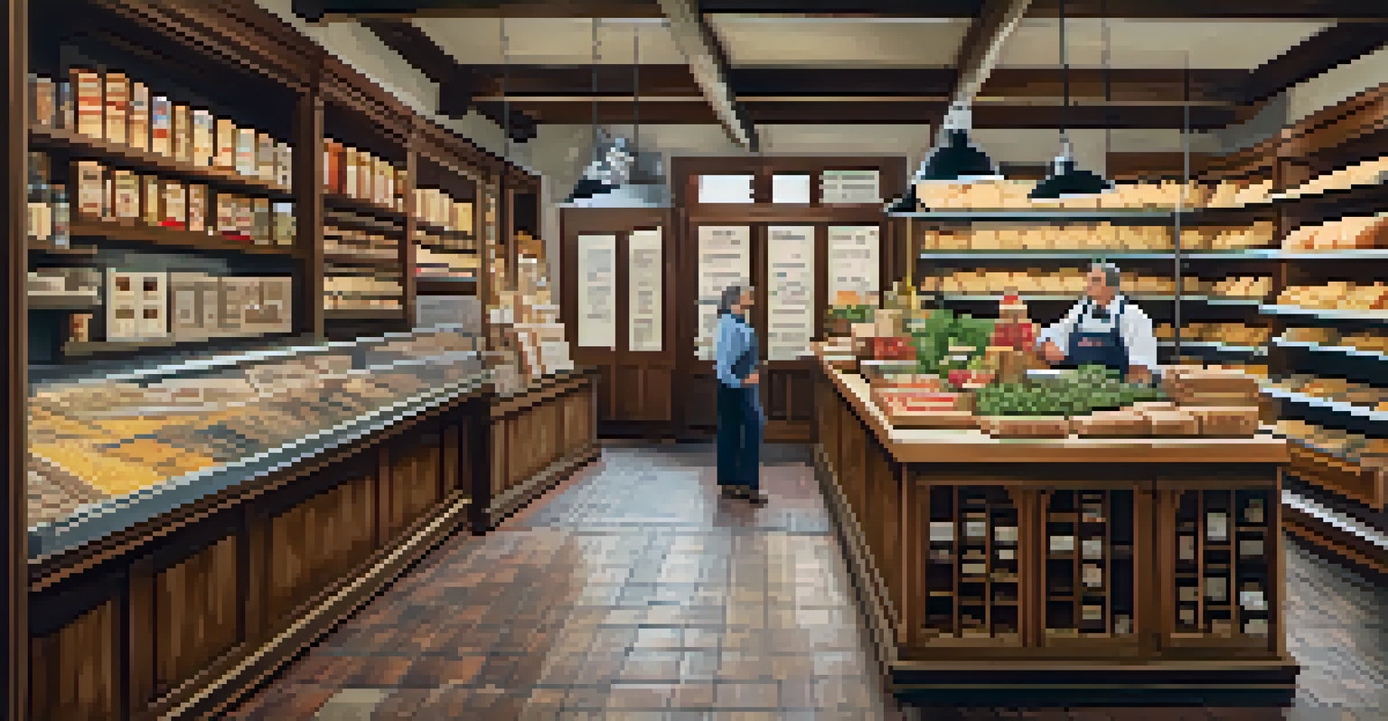 A charming Italian market with shelves of pasta and sauces, and a friendly shopkeeper behind the counter.