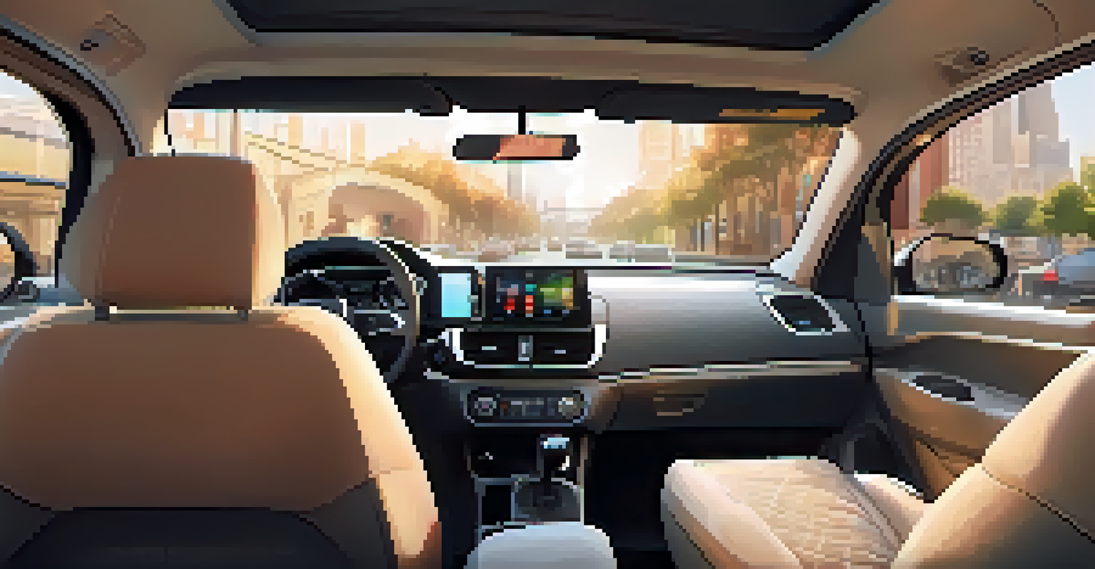 Interior of a ride-sharing vehicle with comfortable seating and cozy lighting.
