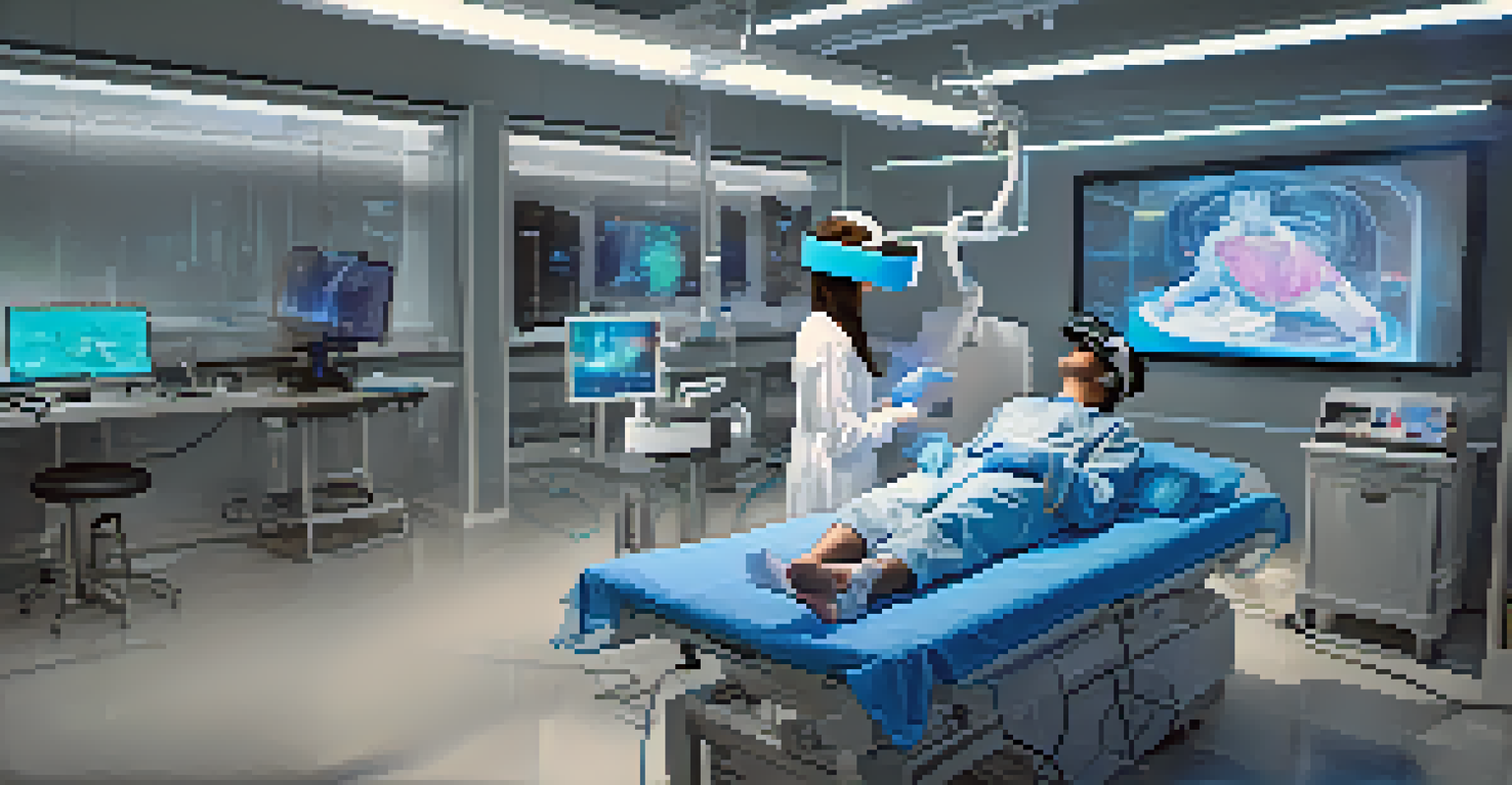 A medical student using virtual reality to practice surgery in a high-tech educational lab.