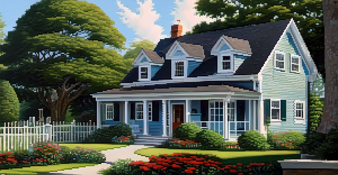 A family home with a garden, featuring reinforced windows and an emergency supply shed, set against a clear blue sky.