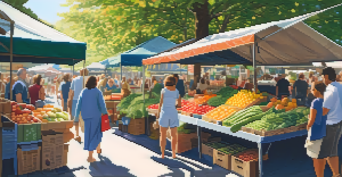 A lively farmers' market with various stalls of fresh produce and people engaging with vendors under a sunny canopy.