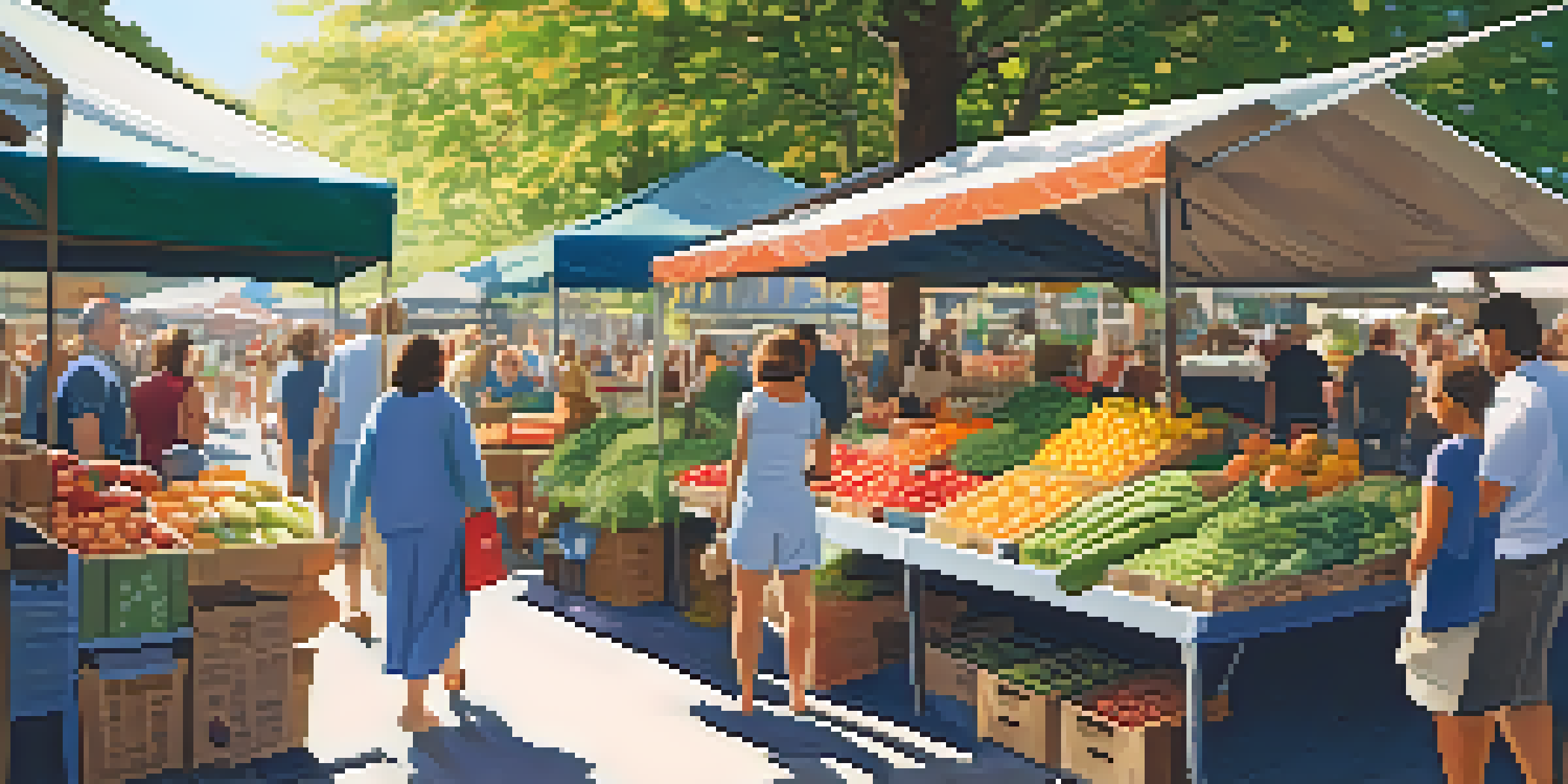 A lively farmers' market with various stalls of fresh produce and people engaging with vendors under a sunny canopy.