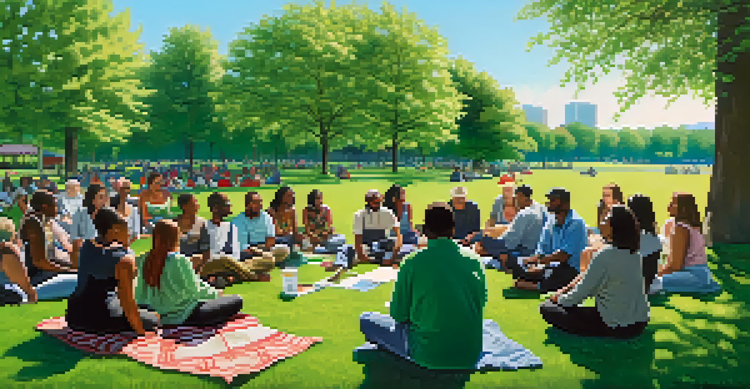 A diverse group of individuals sitting in a circle in a park, sharing experiences in a supportive environment.