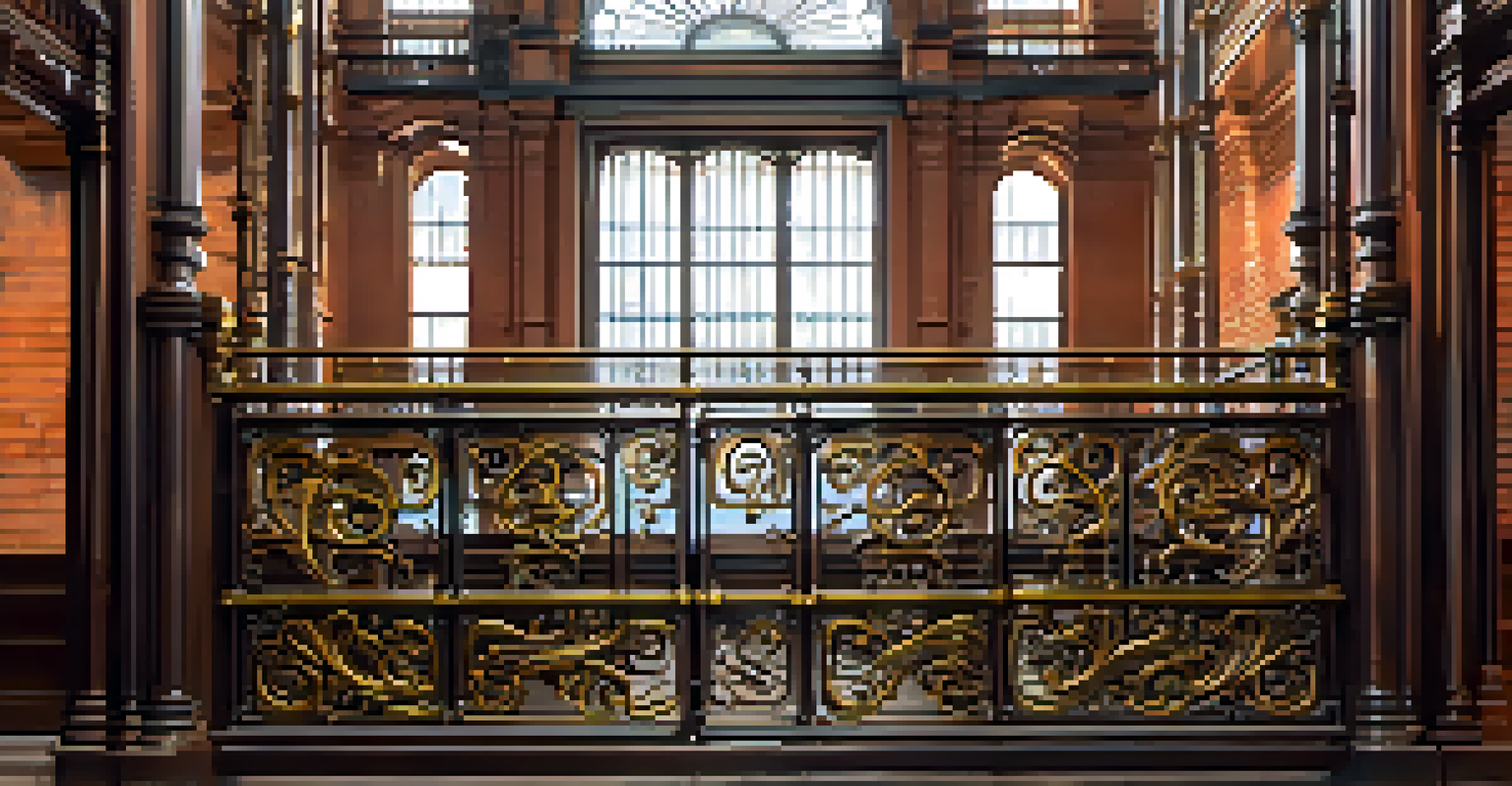 Close-up of the intricate ironwork and brass fixtures inside the Bradbury Building, highlighting the craftsmanship and textures in soft, diffused lighting.