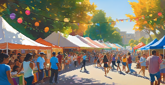 A lively community festival in Los Angeles with diverse groups of people dancing, enjoying food, and children playing, surrounded by colorful banners and local art.