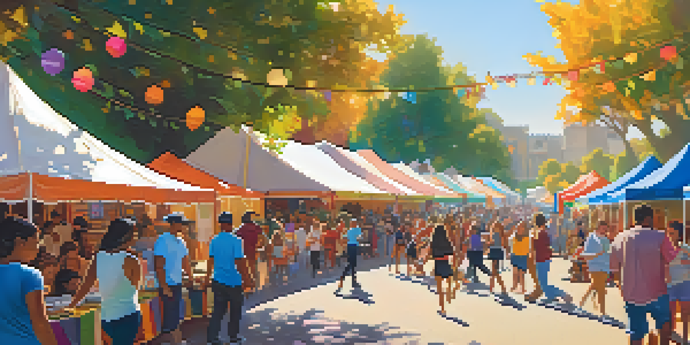 A lively community festival in Los Angeles with diverse groups of people dancing, enjoying food, and children playing, surrounded by colorful banners and local art.