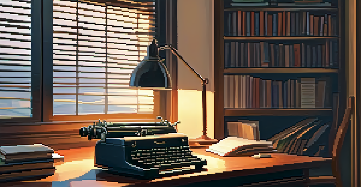 A vintage typewriter on a wooden desk in a cozy home office, surrounded by books and a warm glowing desk lamp.