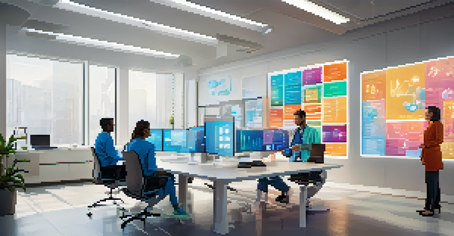 Interior of a futuristic healthcare startup office with AI diagnostic tools, professionals collaborating around a conference table, and medical images on screens.