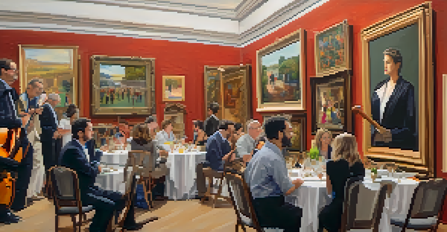 An art auction in a gallery with guests bidding on various artworks while enjoying live music.