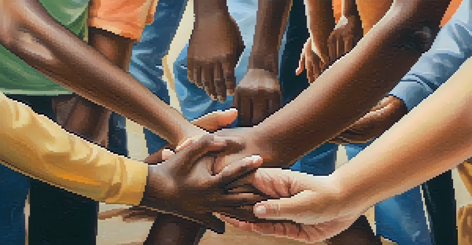 Hands of diverse individuals reaching out to each other, representing support and connection in a community setting.