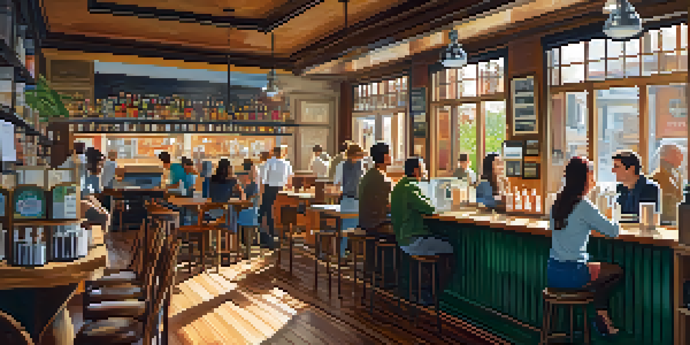 A busy local café with customers enjoying drinks and working on laptops, illuminated by sunlight through large windows.