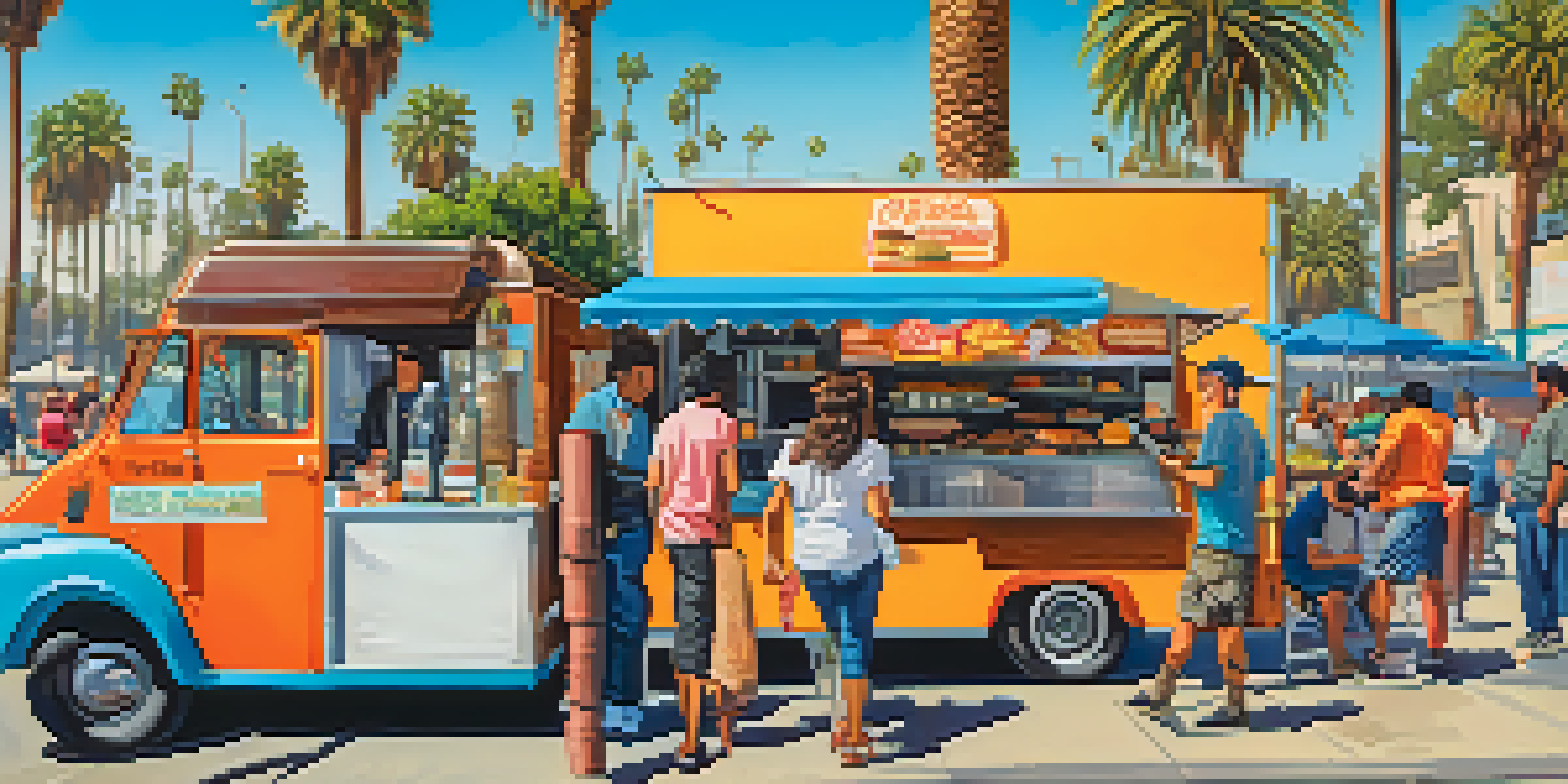 A lively street scene in Los Angeles with people enjoying food from food trucks, surrounded by palm trees and a bright blue sky.