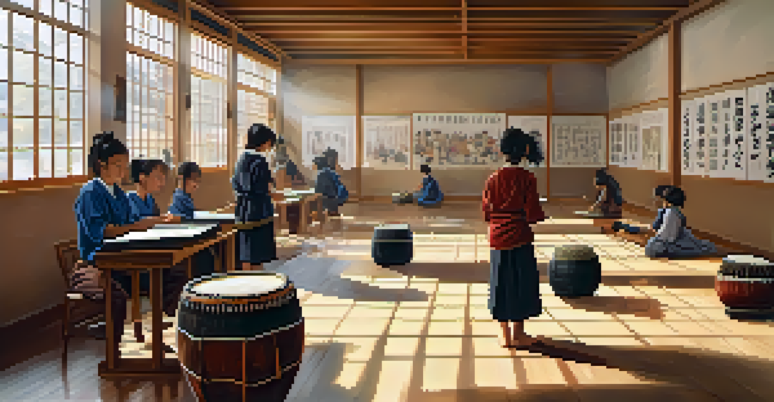 Students engaged in a global art lesson, practicing calligraphy and drumming in a colorful classroom filled with diverse artworks.