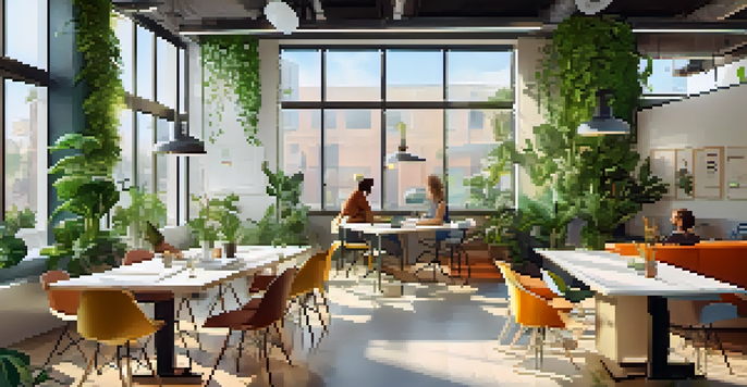 A lively co-working space with diverse people working together on projects, bright natural light, and colorful decor.