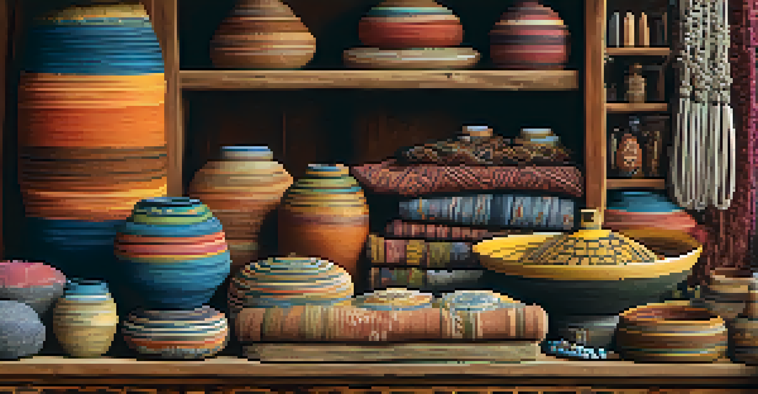 A close-up of an artisan's stall displaying handmade crafts, including pottery and jewelry, illuminated by warm lighting.