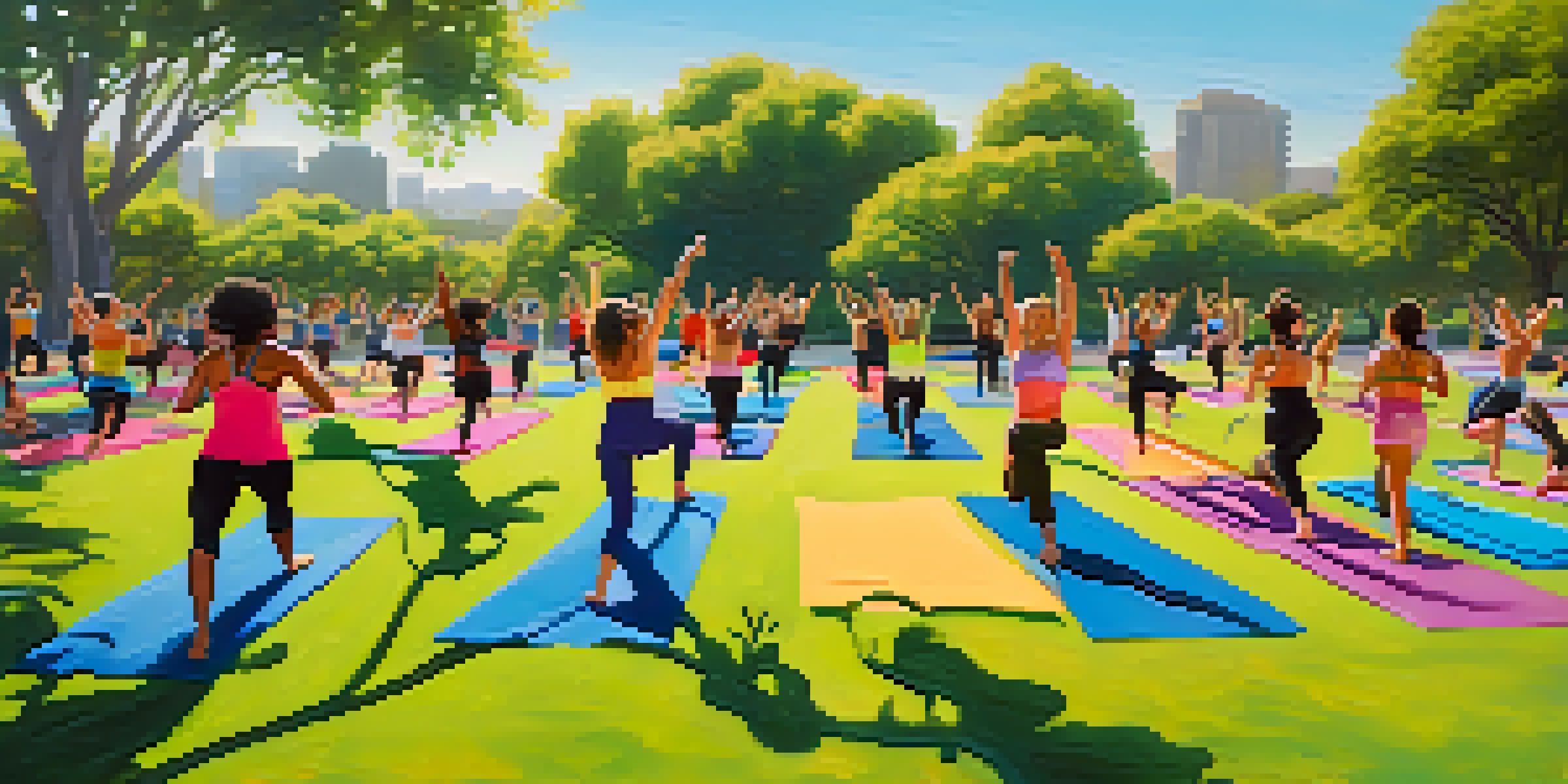 A diverse group of individuals participating in an outdoor fitness class in a sunny park, with yoga mats and instructors leading the session.
