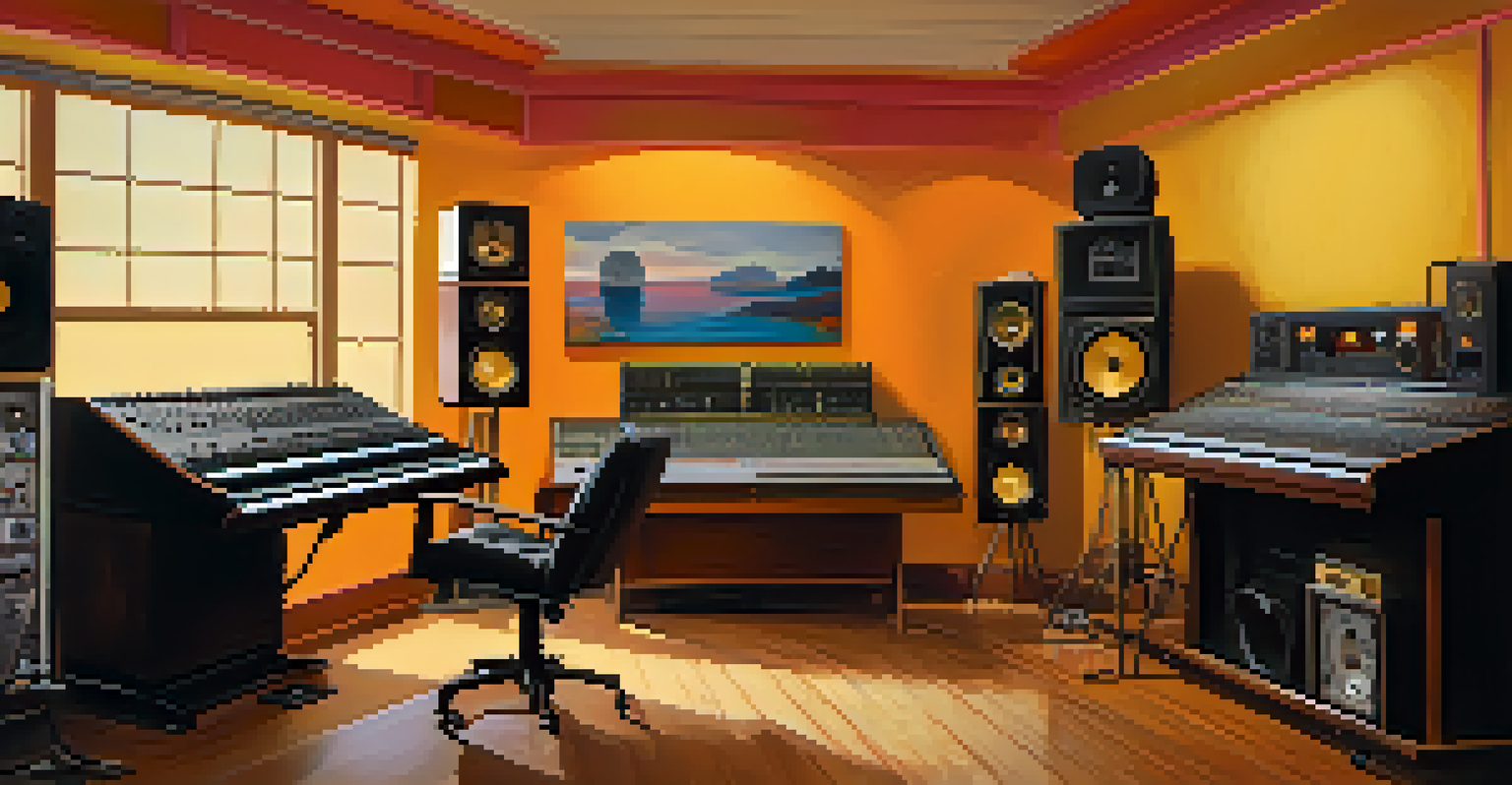 Interior view of Sunset Sound Studio with vintage recording equipment and colorful sound panels, warmly lit and featuring musicians at work.