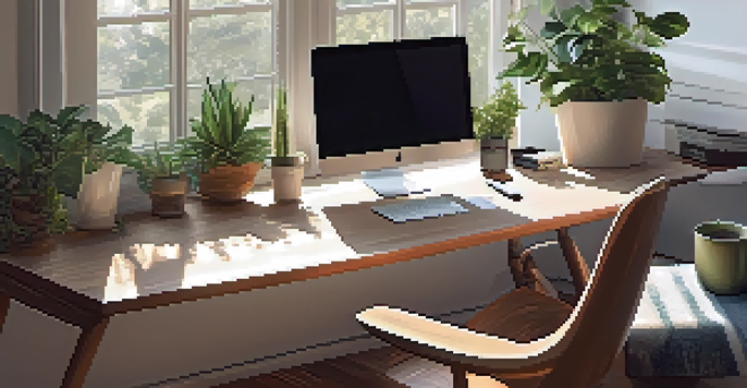 A bright and inviting home office with a laptop, notebooks, coffee cup, and indoor plants in a sunlit room.