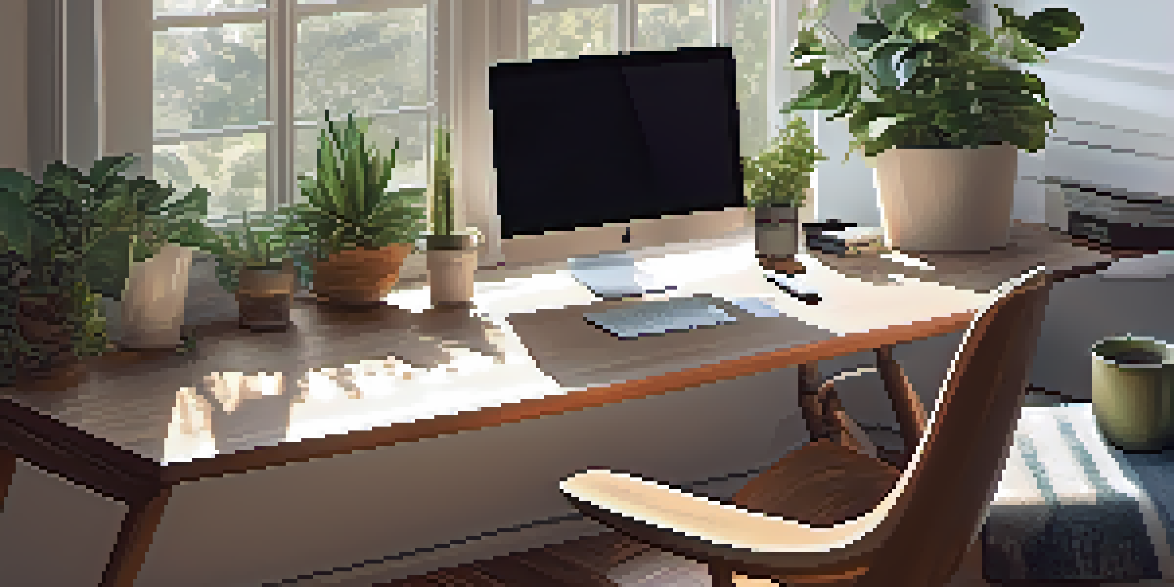 A bright and inviting home office with a laptop, notebooks, coffee cup, and indoor plants in a sunlit room.