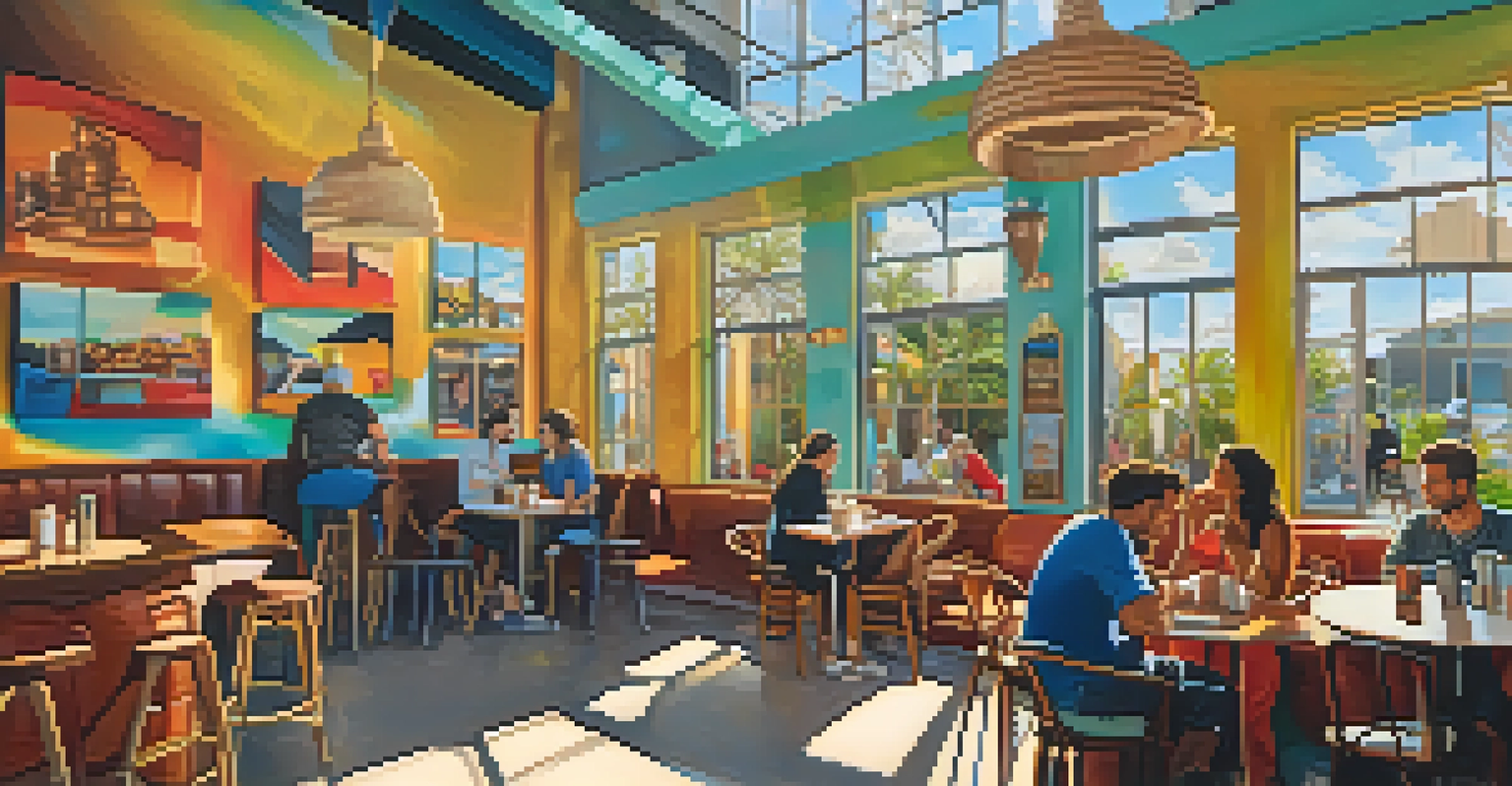 A vibrant café in Wynwood with local art on the walls and customers enjoying their drinks.