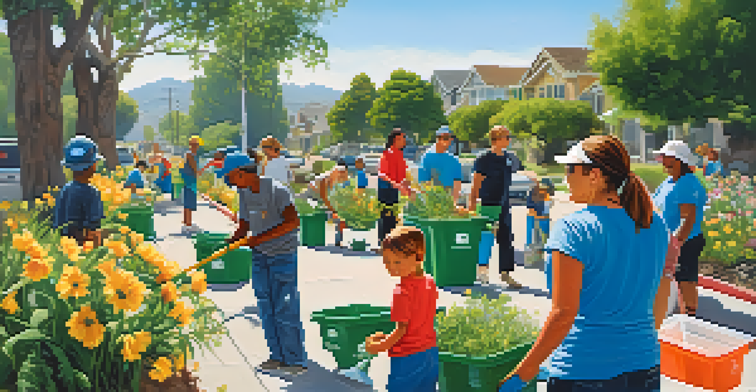 Community members of various ages participating in an outdoor clean-up event, picking up litter and planting flowers in a sunny Los Angeles neighborhood.