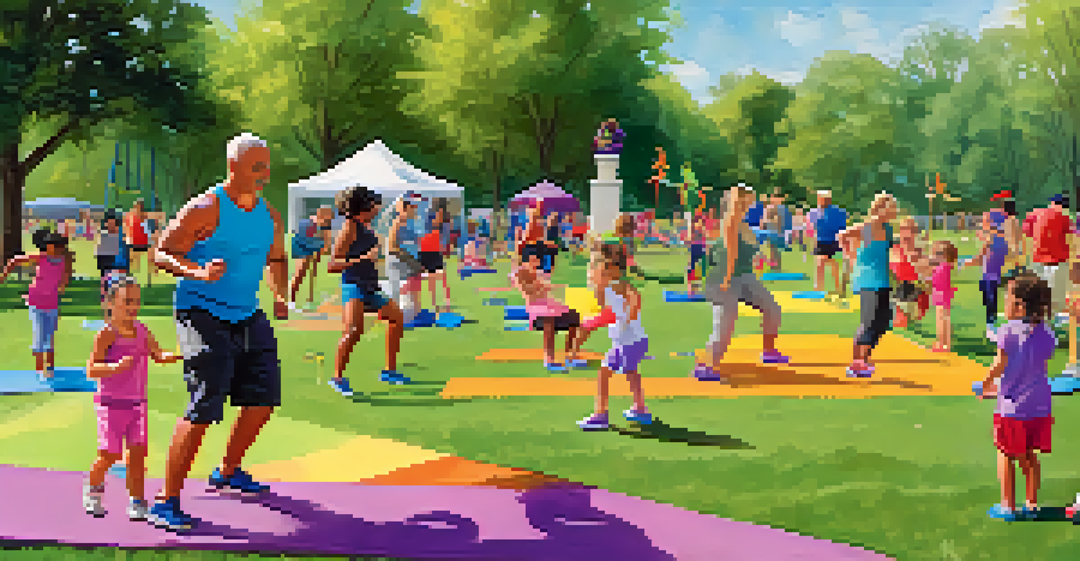 A community outdoor fitness event in a park, with families participating in exercises and children playing, creating a joyful atmosphere.