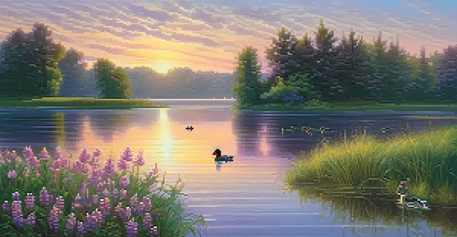 A peaceful lake at sunset with ducks and wildflowers.