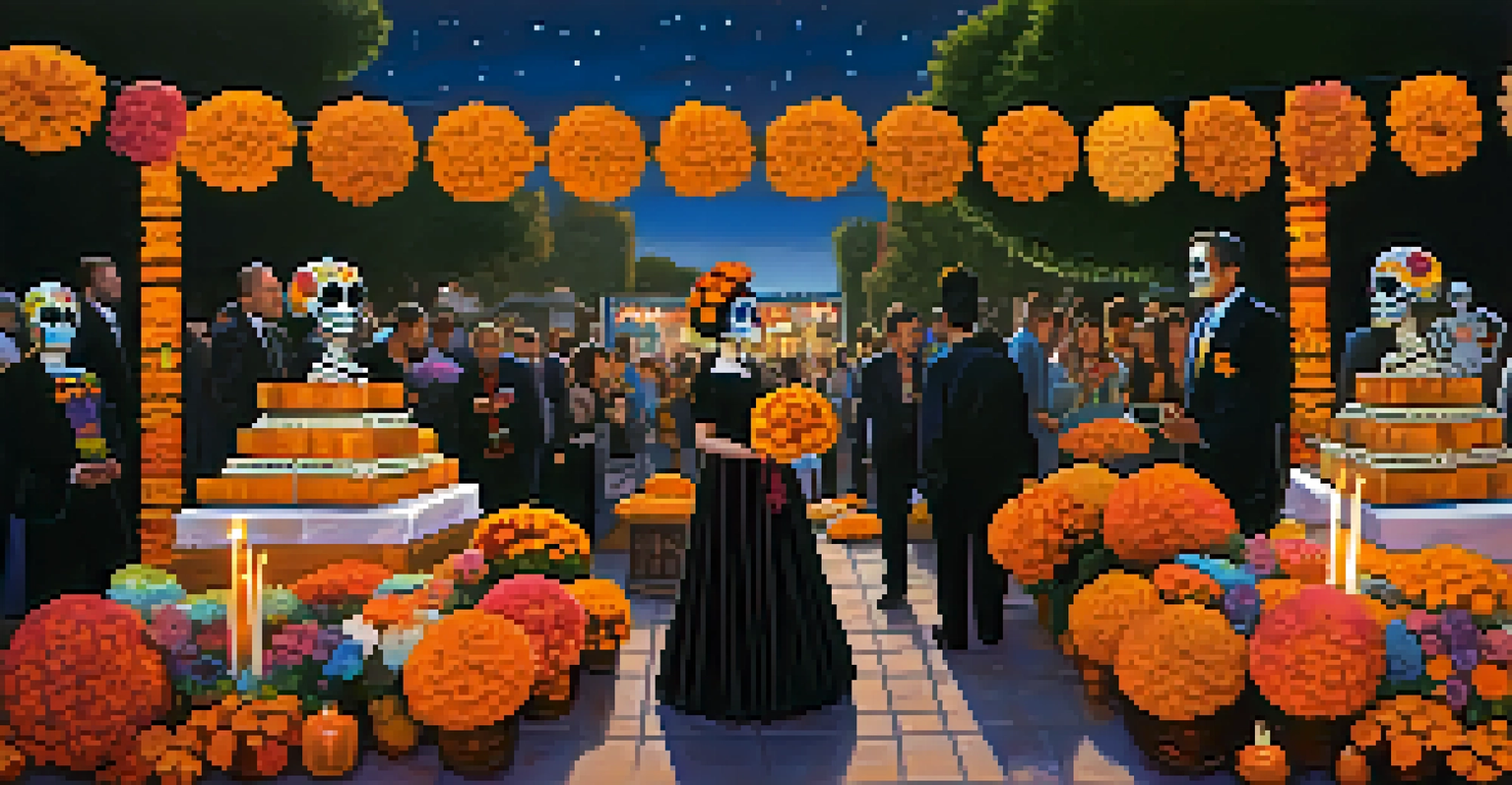 A vibrant Día de los Muertos celebration in Hollywood with decorated altars, traditional attire, and colorful decorations under a night sky.