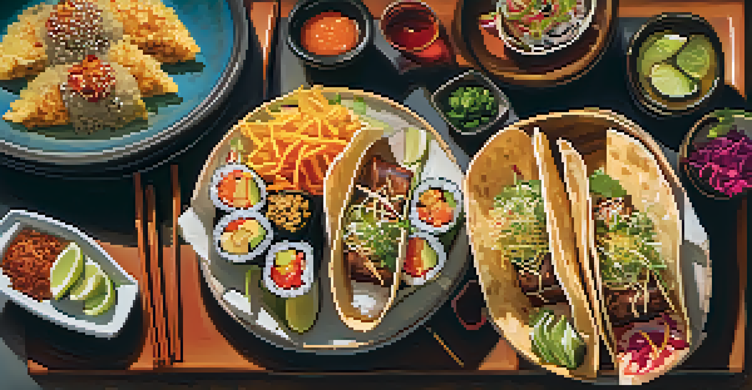 An overhead view of a plate with various fusion tacos and sushi in a lively restaurant setting.