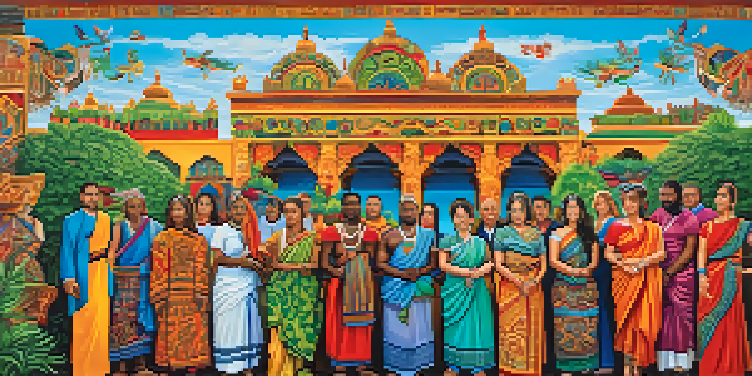 A colorful mural showing a diverse group of people united, showcasing cultural symbols and patterns, under a clear blue sky.