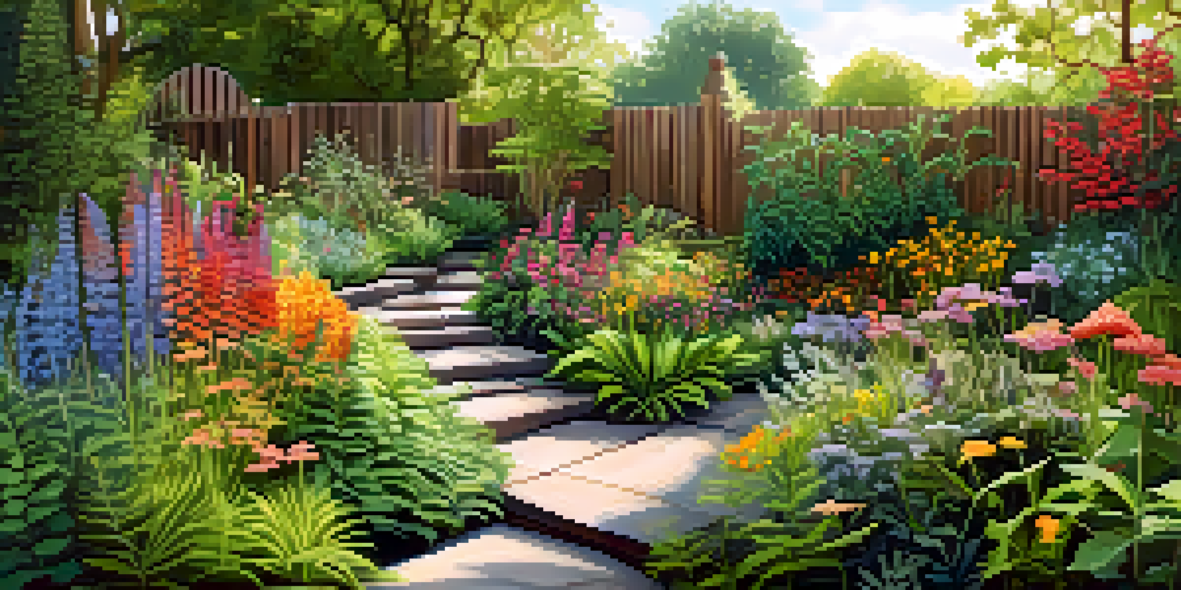 An urban garden filled with various native plants, a winding path, and a bench, illuminated by soft sunlight.
