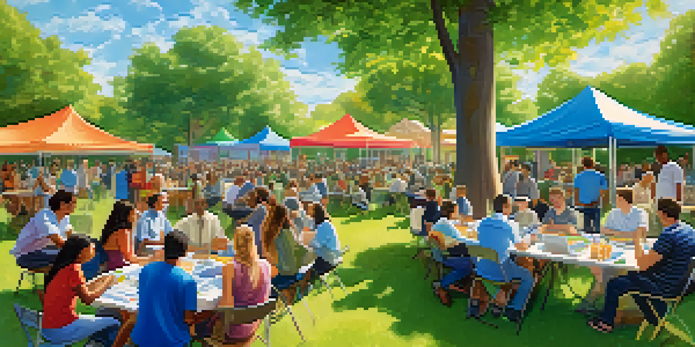 A diverse group of people in a park engaging in discussions and brainstorming ideas under a bright sky.