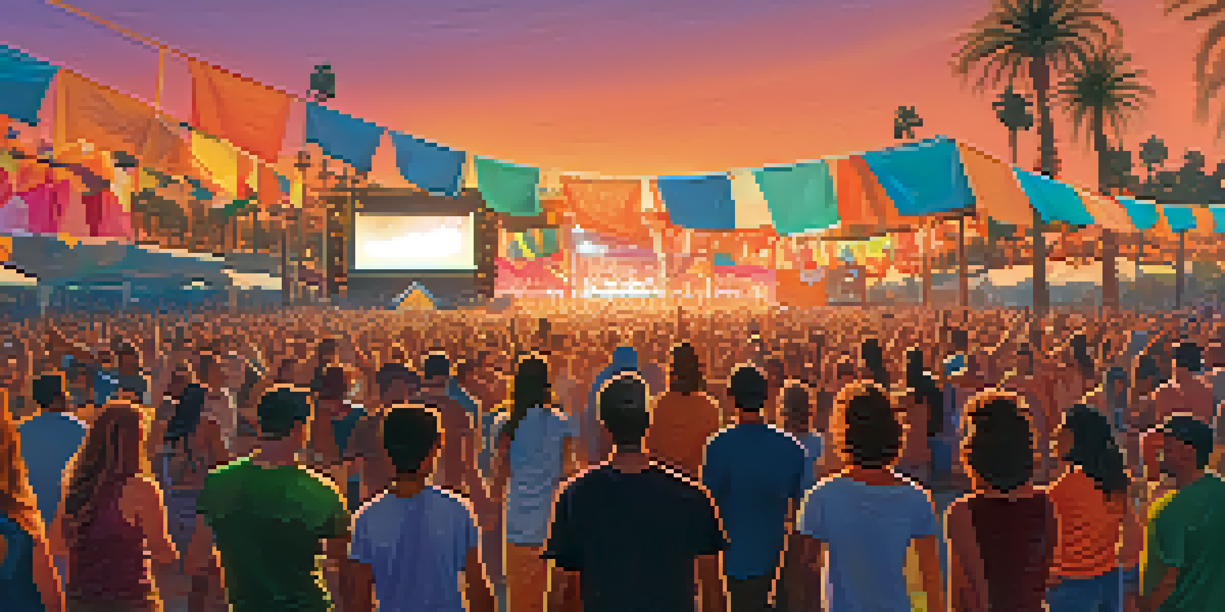 A lively Los Angeles music festival with attendees dancing and a colorful stage in the background during sunset.