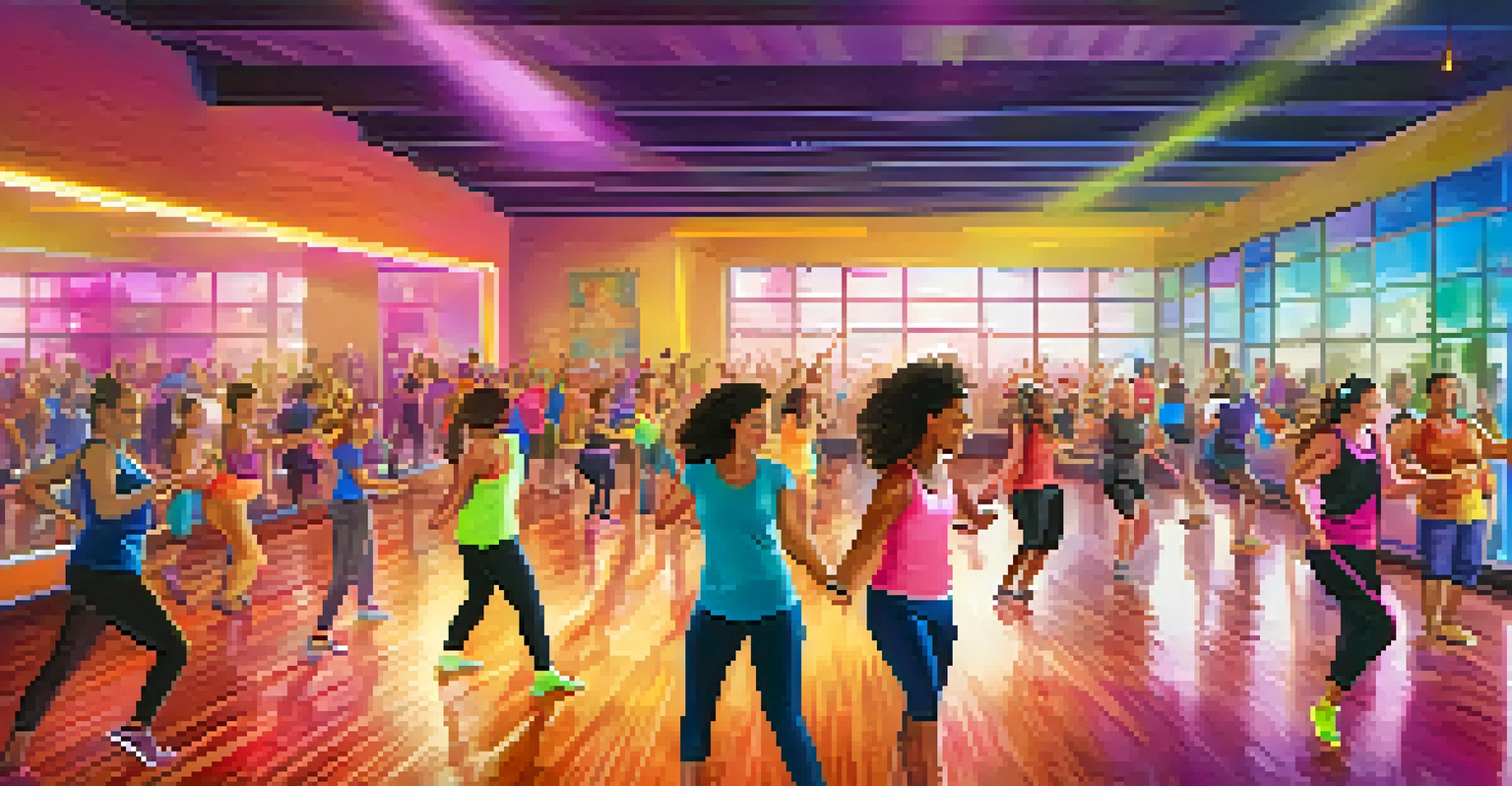 A diverse group of individuals participating in a Zumba dance fitness class in a bright studio with colorful lights.