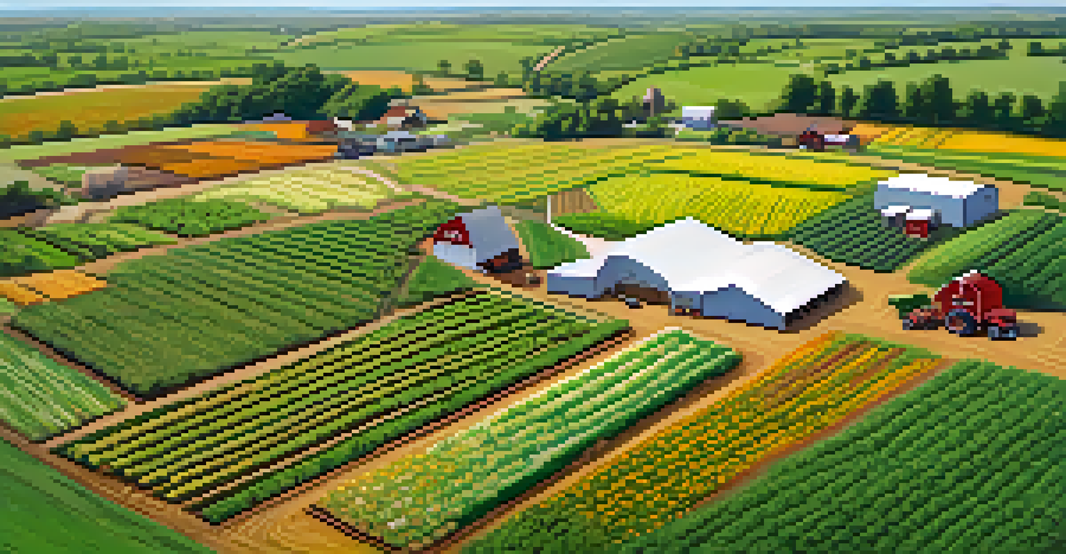 An aerial view of a sustainable farm with diverse crops and wildflowers, showcasing eco-friendly farming practices surrounded by a clear blue sky.