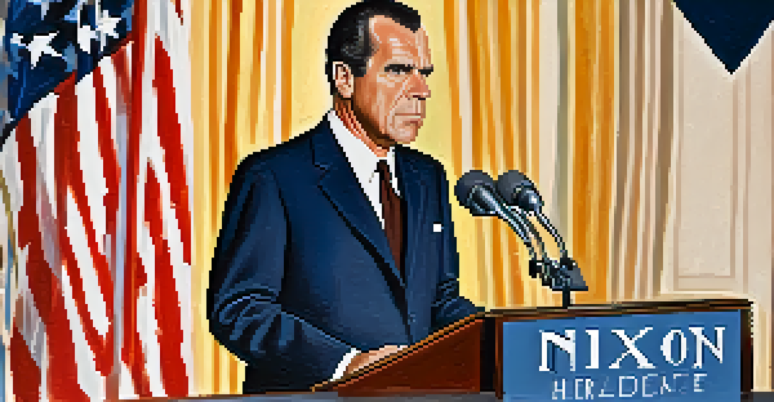 Nixon as Vice President at a podium with an American flag, giving a speech with cameras and reporters around.