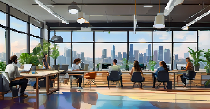 A busy co-working space with diverse individuals collaborating and working on laptops, featuring a view of the Los Angeles skyline through large windows.