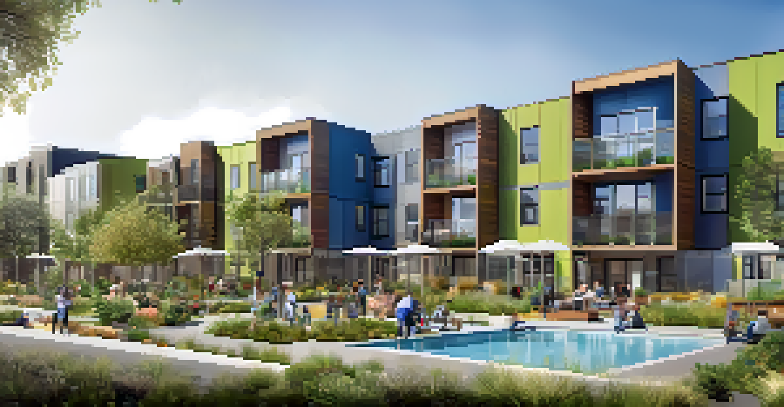 An architectural rendering of a modern affordable housing complex with sustainable design, featuring gardens and families outdoors.