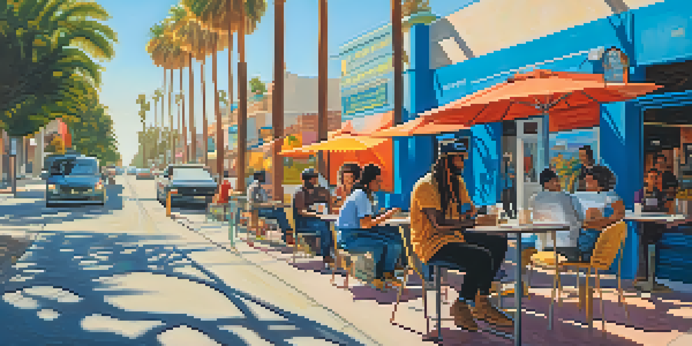 A busy street scene in Los Angeles with various gig workers, including a rideshare driver, a food delivery cyclist, and a freelancer at a cafe, surrounded by palm trees and murals.