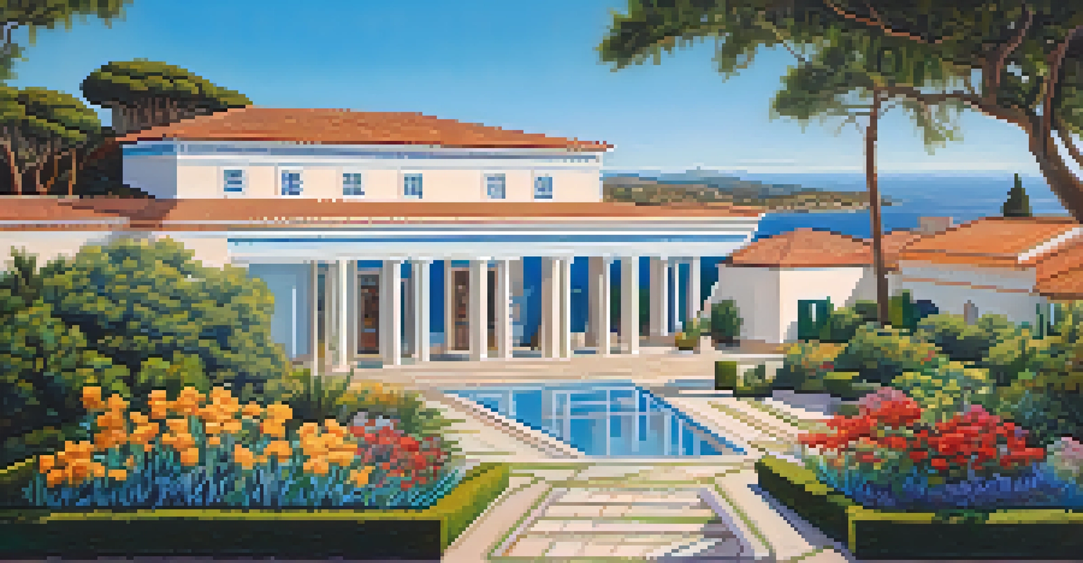 The Getty Villa with Roman-inspired architecture, surrounded by colorful gardens and ocean views.