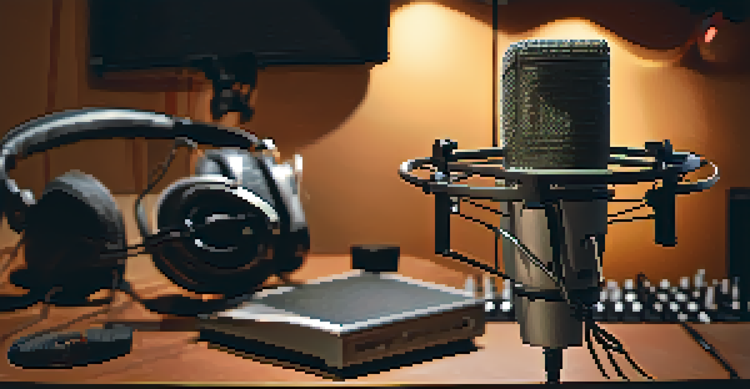 A detailed close-up of a podcast recording setup with a microphone, headphones, and sound mixer, illuminated by warm light.
