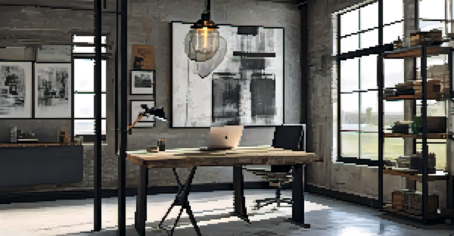 A stylish workspace with a vintage wooden desk, metal chair, concrete walls, abstract art, and large windows.