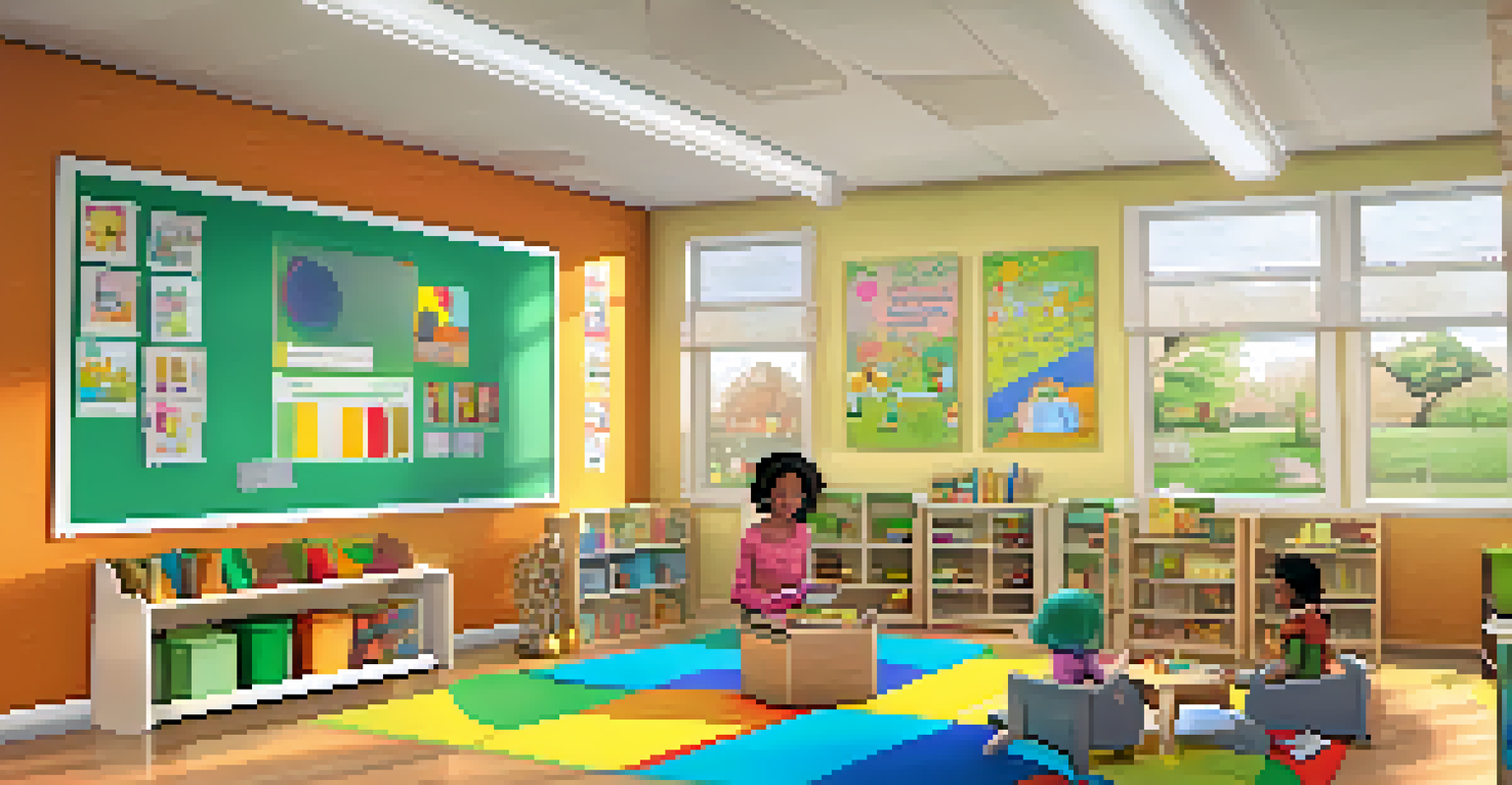 A classroom setting with parents reading and teaching children, surrounded by colorful decorations and a welcoming atmosphere.