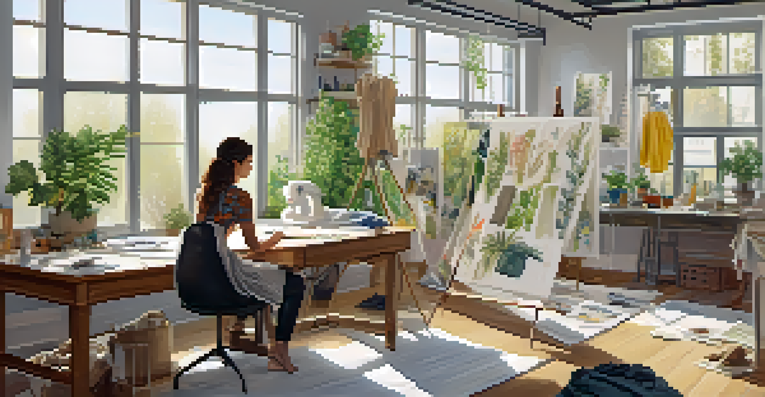 A fashion designer in a bright studio, working on sustainable clothing surrounded by sketches, fabric samples, and plants.