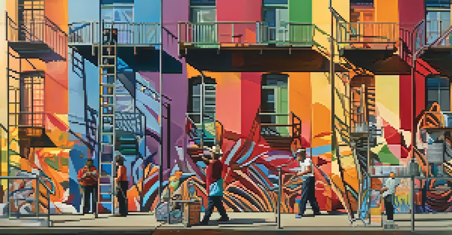 An artist working on a large mural on a city wall, using a spray can while on a ladder, with a busy street and onlookers in the background.