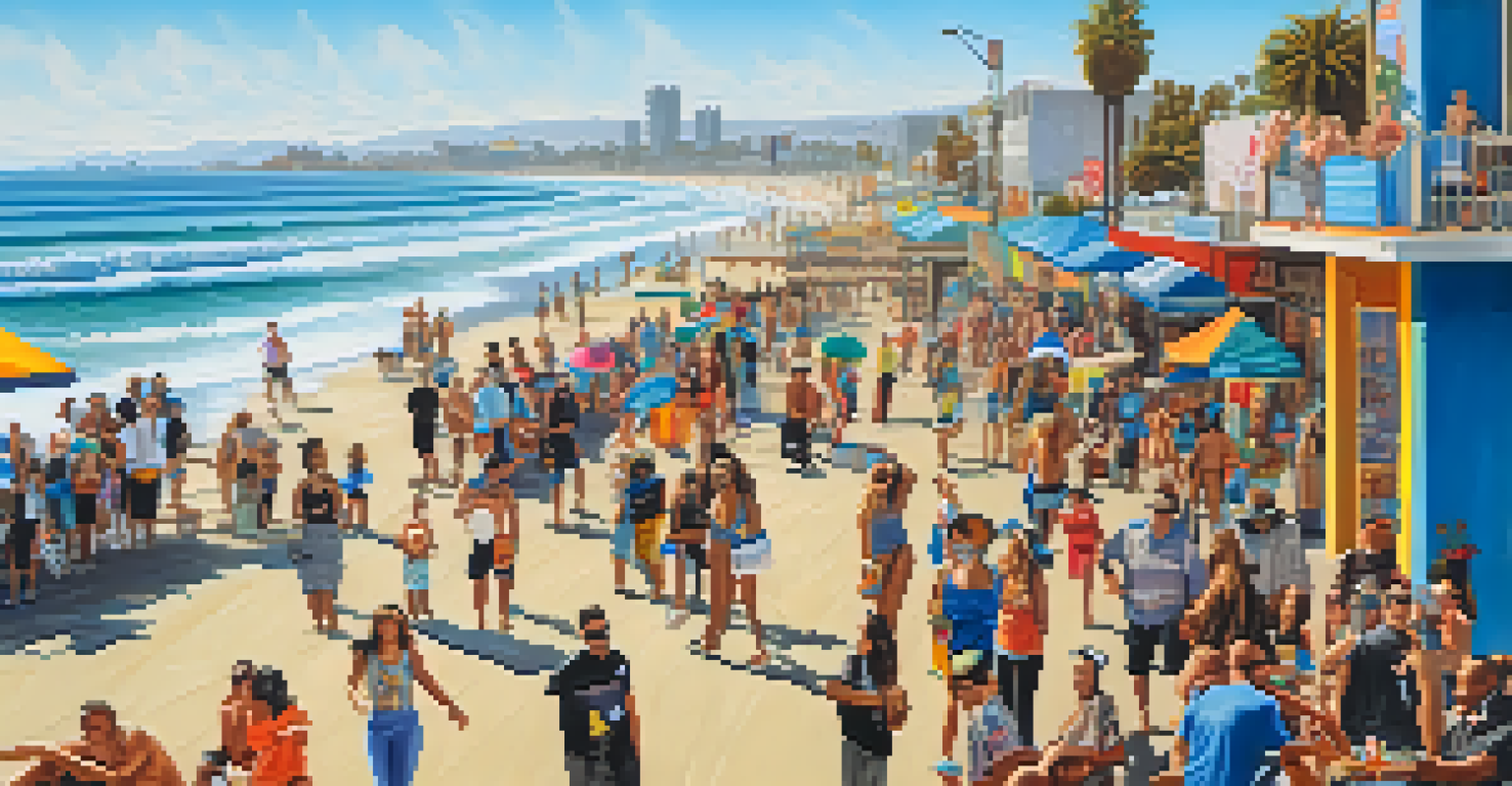 Venice Beach Boardwalk with colorful murals, street performers, and the ocean in the background.
