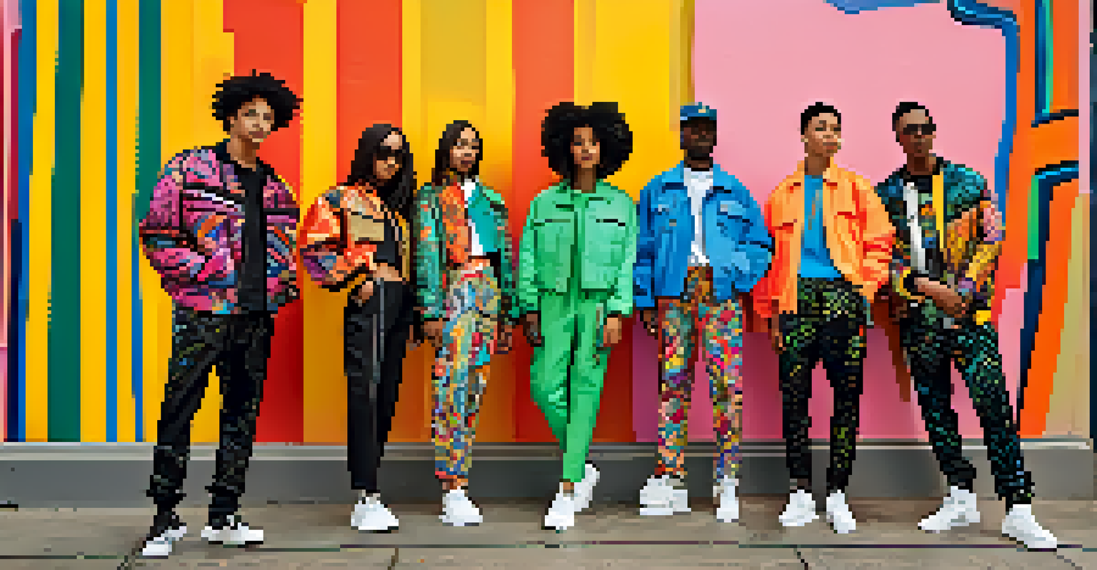 A group of young adults in Los Angeles wearing bold colors and patterns, posing against a vibrant mural.