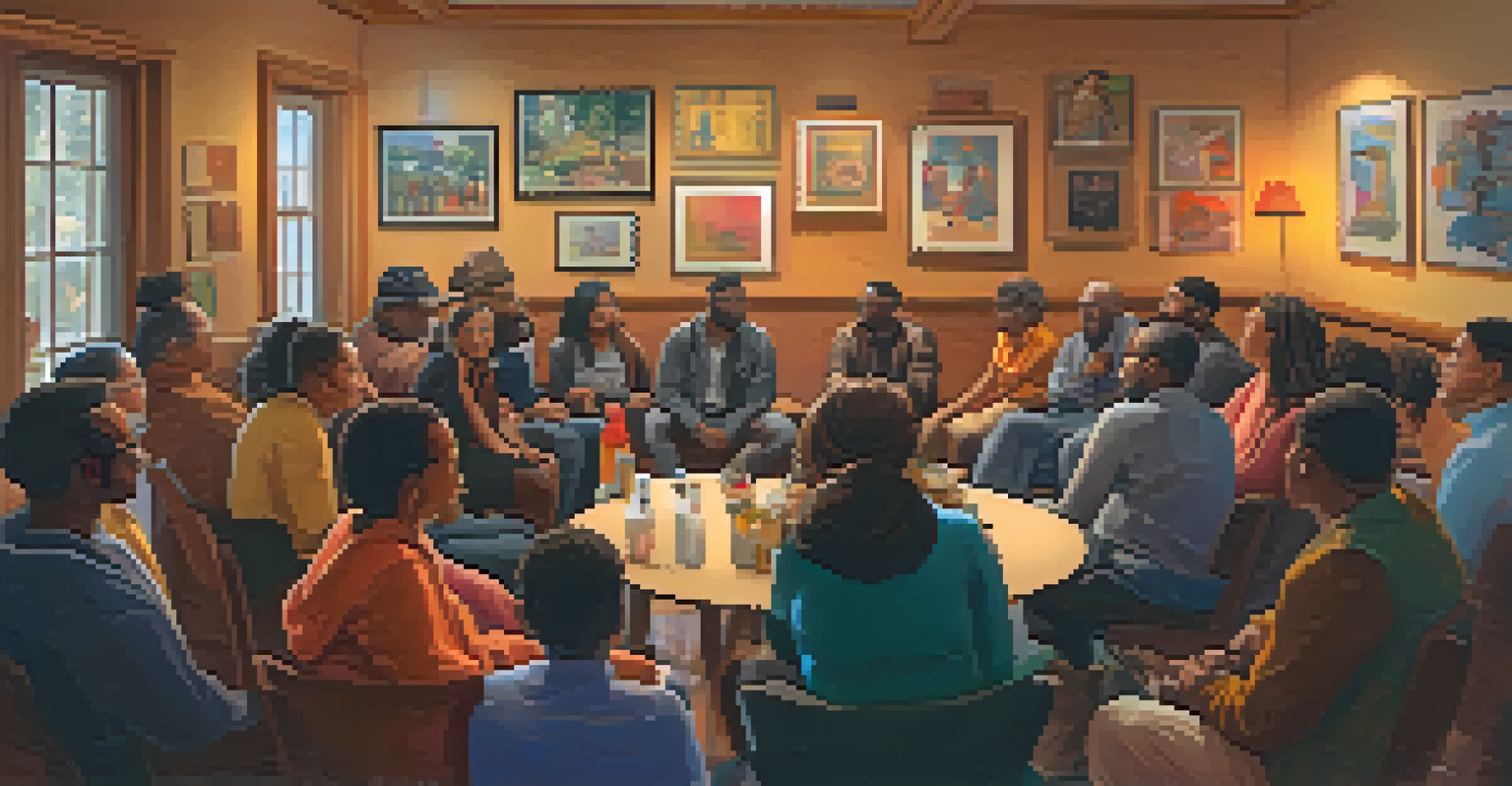 A diverse group of people listening to a speaker during a storytelling session in a cozy room.